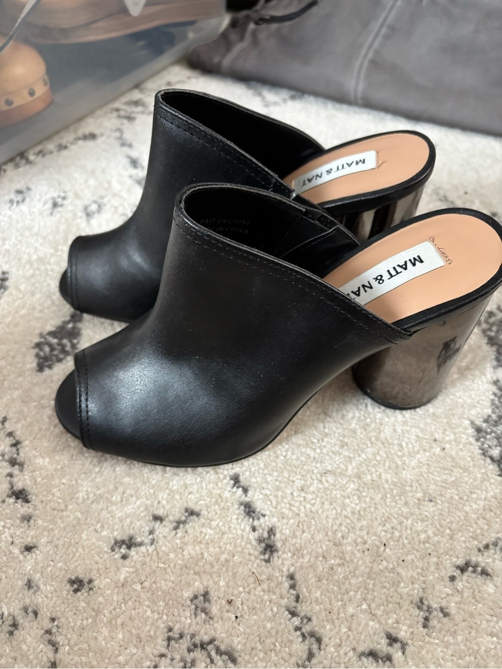 Matt & Nat Black Peep-Toe Vegan Leather Block Heel Mules- NWT